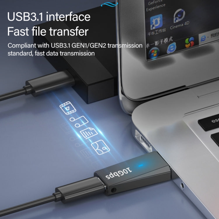 USB 3.1 male-to-USB-C female adapter connected to a USB-C device port