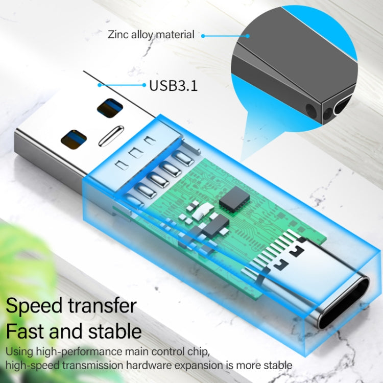 USB 3.1 male-to-USB-C female adapter with metal housing and USB-C connector