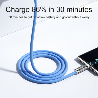 Blue USB to Type-C charging cable with coiled cable and metal connectors