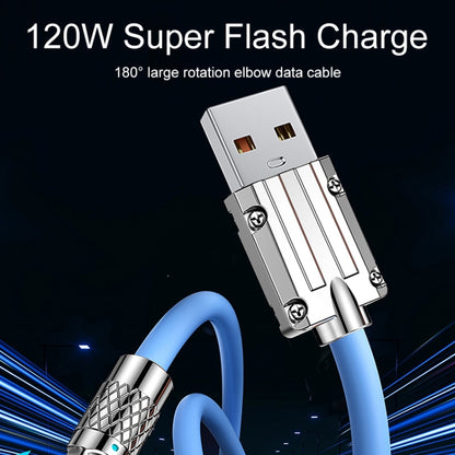 Blue USB-A to Type-C 180-degree metal charging cable, coiled for storage