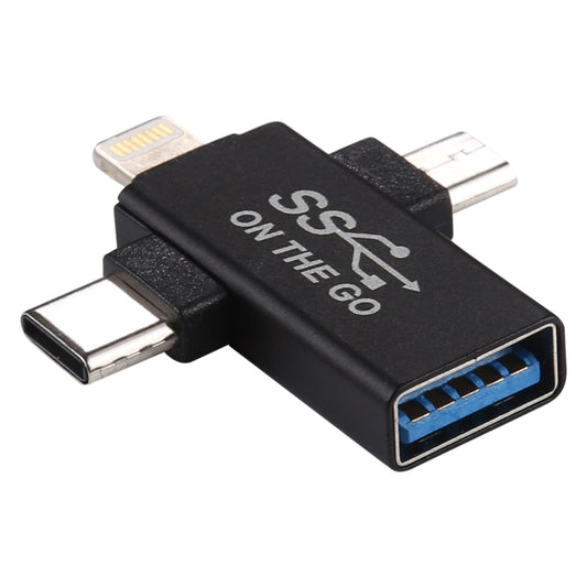 3-in-1 OTG USB adapter with USB-A plug, Lightning 8-pin, and USB-C port, black
