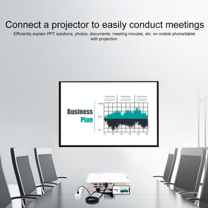 USB-C to HDMI adapter on meeting table connected to a projector