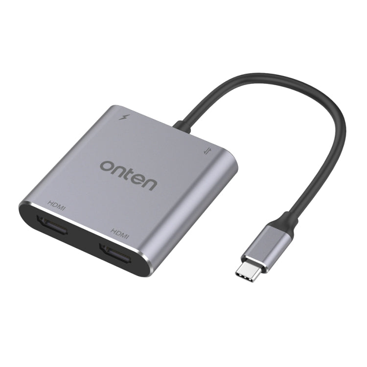 Onten USB-C to dual HDMI adapter with attached USB-C cable and connectors