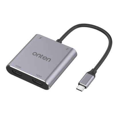 Onten USB-C to dual HDMI adapter with attached USB-C cable and connectors