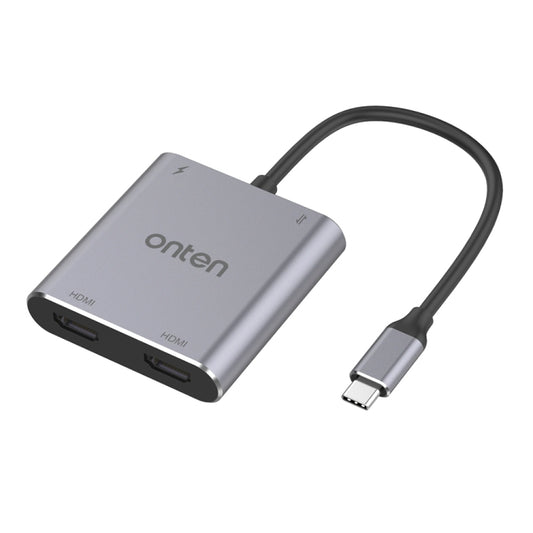 Onten USB-C to dual HDMI adapter with attached USB-C cable and connectors