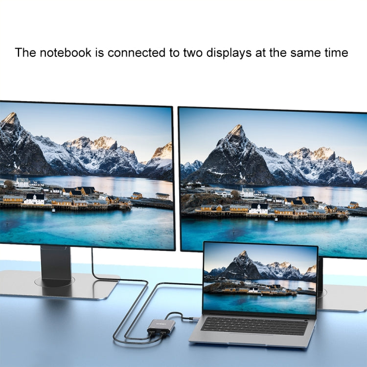 USB-C dual HDMI adapter connecting two external monitors to a laptop