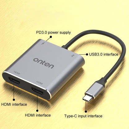 Onten USB-C dual HDMI adapter with labeled PD3.0, USB 3.0, and HDMI ports