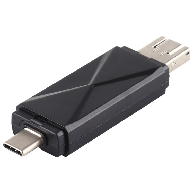 Black Type-C to USB card reader adapter with USB plug and card slot side
