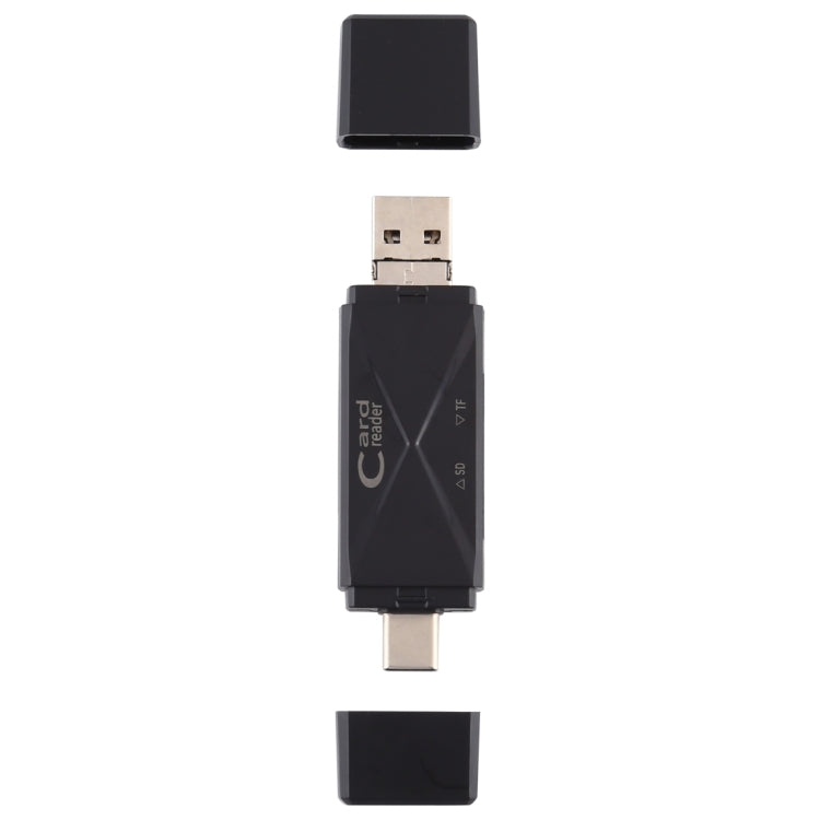 Black card reader adapter with Type-C connector and compact plug profile
