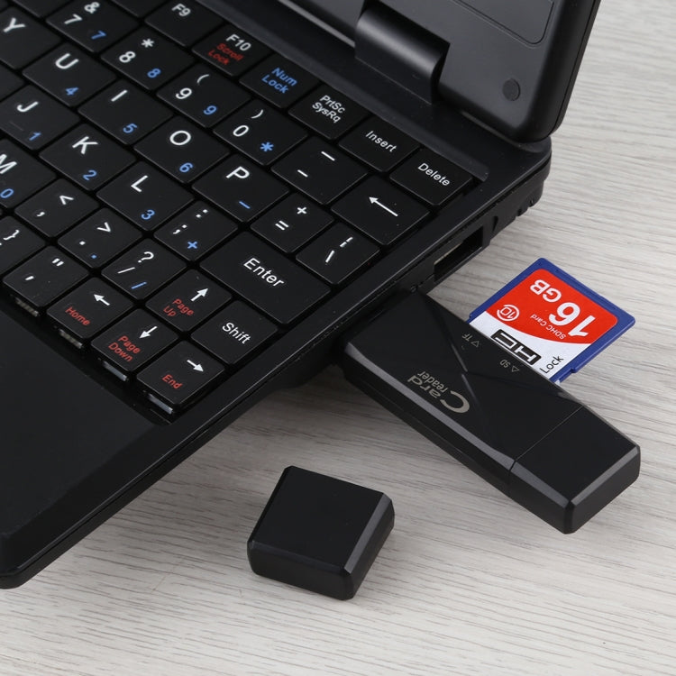 Black SD/TF card reader adapter connected near keyboard with SD card inserted