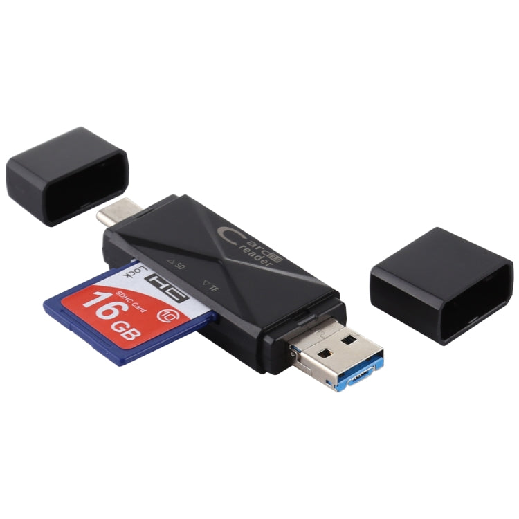 Black USB 3.0 card reader with SD and microSD slots and USB connectors
