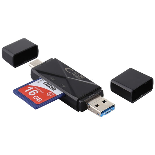 Black USB 3.0 card reader with SD and microSD slots and USB connectors