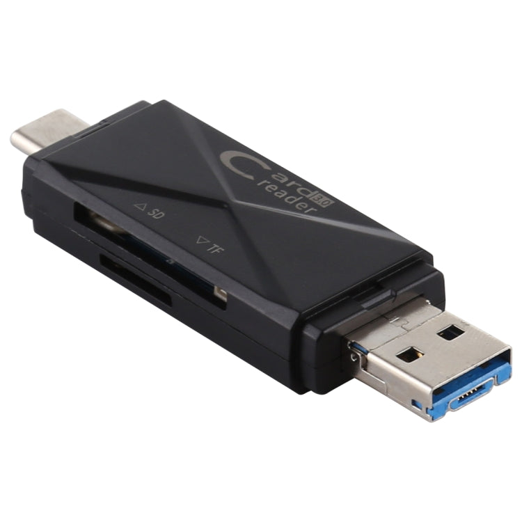 Black USB 3.0 card reader with USB-A ports and SD/microSD card slots