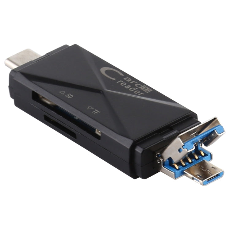 Black USB 3.0 card reader with exposed USB pins and SD/microSD slots
