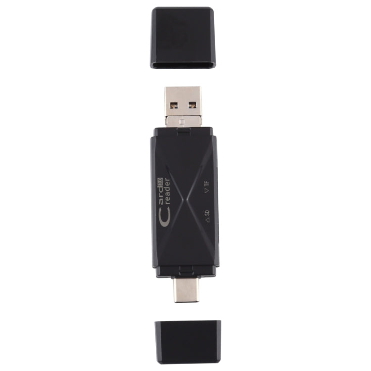 Black USB 3.0 card reader with USB-C plug and detachable cover caps