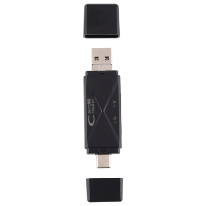 Black USB 3.0 card reader with USB-C plug and detachable cover caps