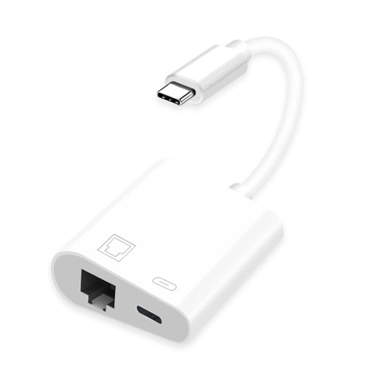 USB-C to Ethernet adapter with USB-C plug, RJ45 port, and power pass-through opening