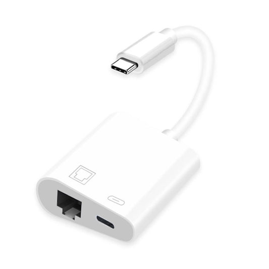 USB-C to Ethernet adapter with USB-C plug, RJ45 port, and power pass-through opening