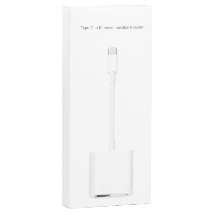 USB-C to Ethernet function adapter retail box packaging with adapter pictured