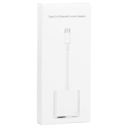 USB-C to Ethernet function adapter retail box packaging with adapter pictured