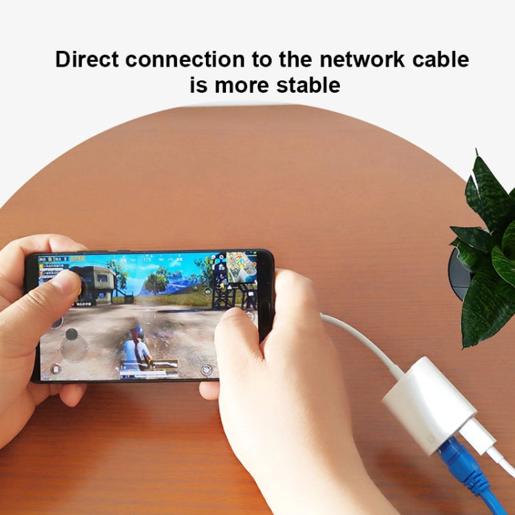 USB-C to Ethernet adapter connected to a handheld device via Type-C cable