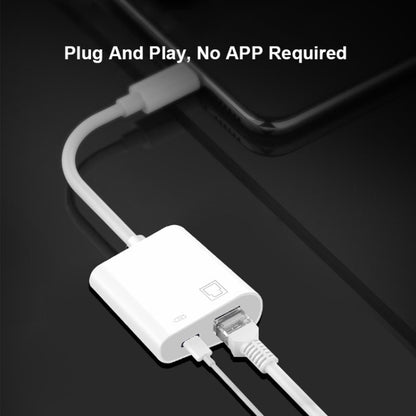 USB-C to Ethernet adapter with RJ45 and connected Ethernet cable, plug-and-play style