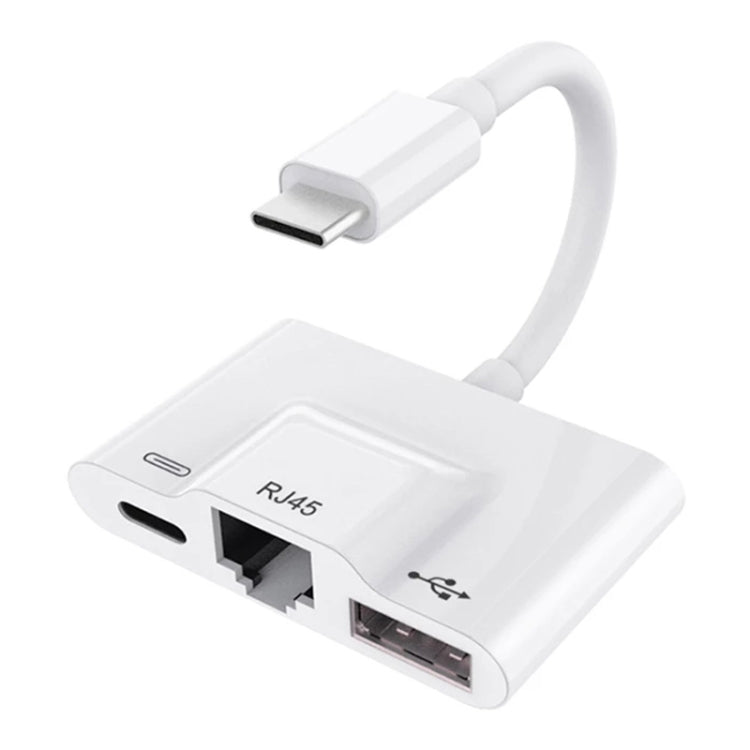 White USB-C 3-in-1 adapter with RJ45 Ethernet port and Type-C power passthrough