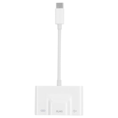 White USB-C Ethernet adapter cable with RJ45 port