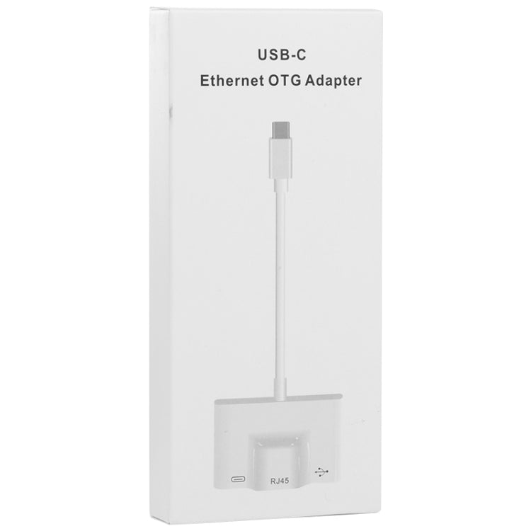 USB-C Ethernet OTG adapter retail box with RJ45 port and USB-C plug