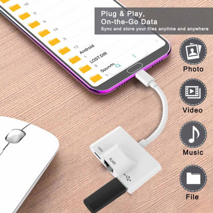 White RJ45 Ethernet adapter with USB-C connector and attached cable