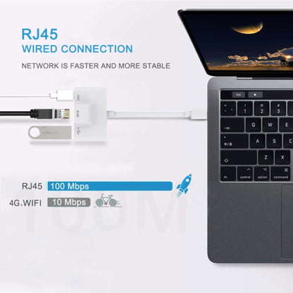 White wired RJ45 Ethernet adapter for USB-C with compact dongle design
