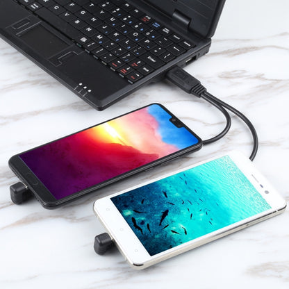 USB charging cable connecting a phone to another device via Type-C and Micro USB