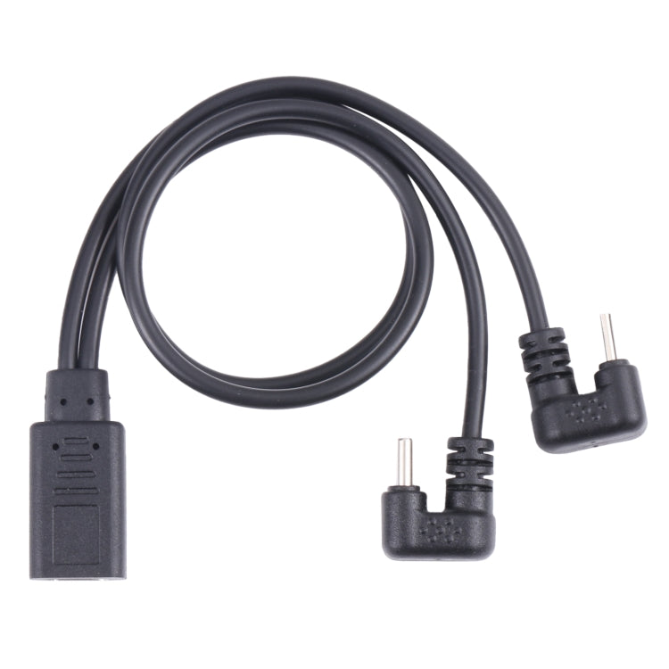 Black Y-cable with USB-C and Micro USB connection ports
