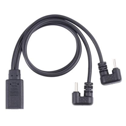Black Y-cable with USB-C and Micro USB connection ports
