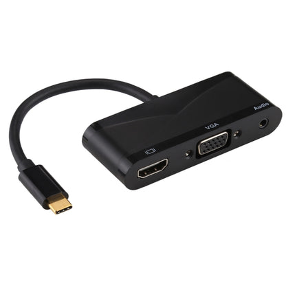 Black USB-C multiport adapter with HDMI, VGA, and 3.5mm audio ports