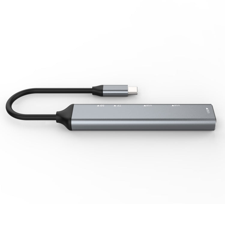 USB-C 5-in-1 adapter with Type-C plug and port side, gray bar with black cable