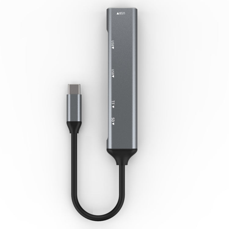 USB-C 5-in-1 adapter with Type-C connector and two cable ends, gray and black