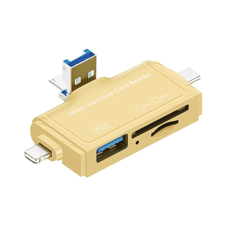 Gold 7-in-1 USB 3.0 card reader with SD slot and USB ports, compact dock design