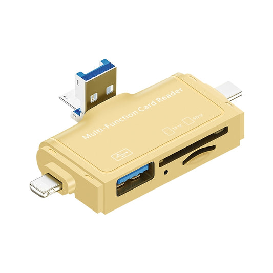Gold 7-in-1 USB 3.0 card reader with SD slot and USB ports, compact dock design