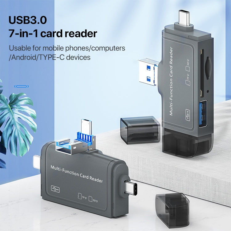 Gray 7-in-1 USB 3.0 card reader with multiple card slots and stacked USB interfaces