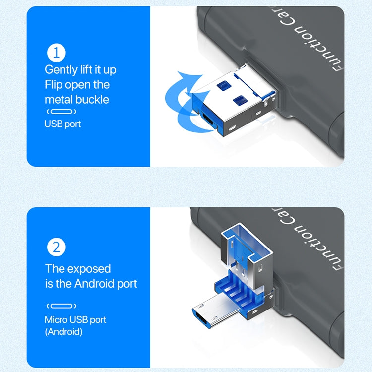 Gray 7-in-1 USB 3.0 card reader with flip-open USB port and blue metal buckle