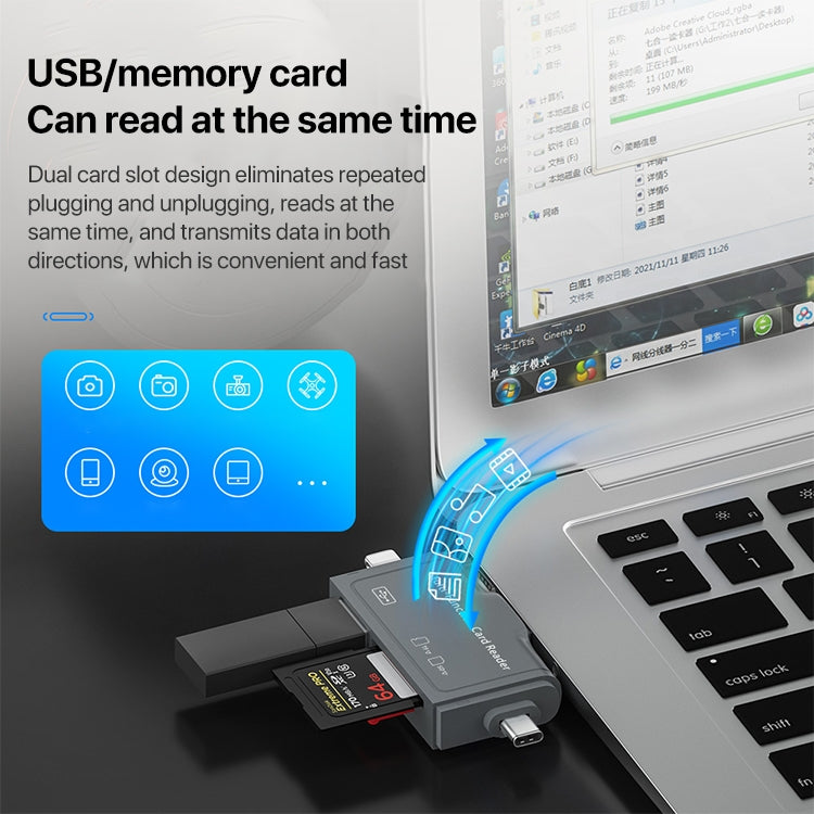 Gray 7-in-1 USB 3.0 card reader with SD/TF slot and dual-card plug-in design