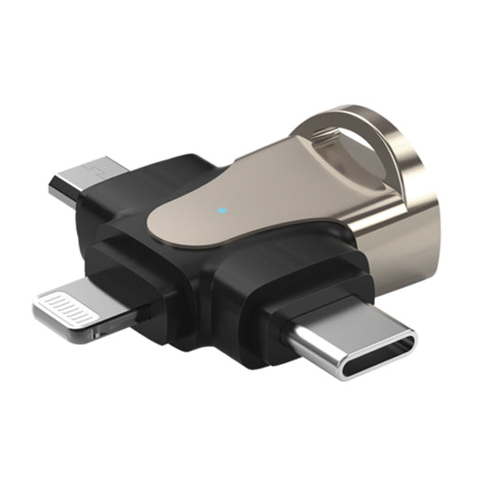 3-in-1 OTG USB adapter with black housing and silver connectors, dual port plugs