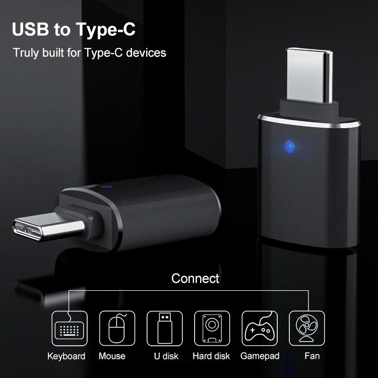 Black USB to Type-C OTG flash driver with blue status light and Type-C plug