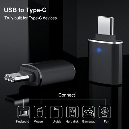 Black USB to Type-C OTG flash driver with blue status light and Type-C plug