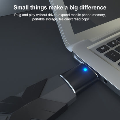 Black USB to Type-C OTG flash driver with blue status light and attached Type-C plug