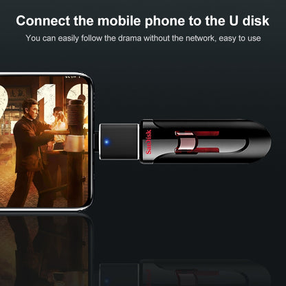 Black USB to Type-C OTG flash driver with blue indicator and Type-C connection