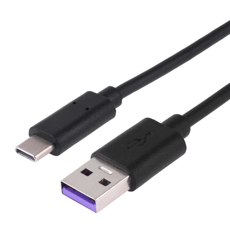 Close-up of black USB-A and USB-C connector ends on a charging cable