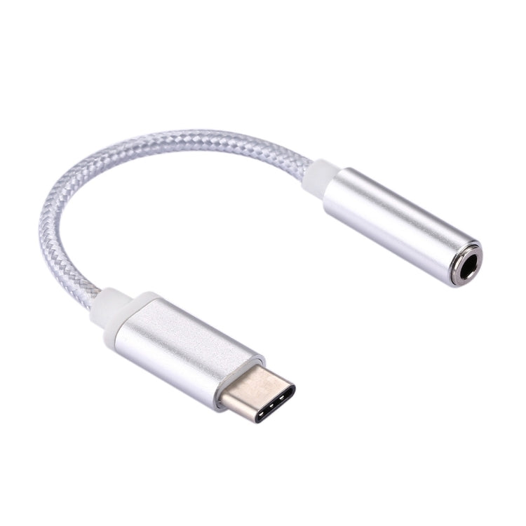 Silver USB-C to 3.5mm audio adapter with braided cable and 3.5mm plug