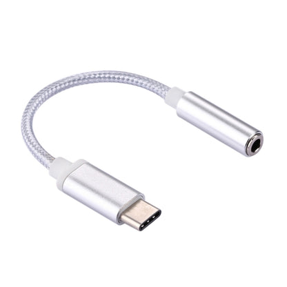 Silver USB-C to 3.5mm audio adapter with braided cable and 3.5mm plug